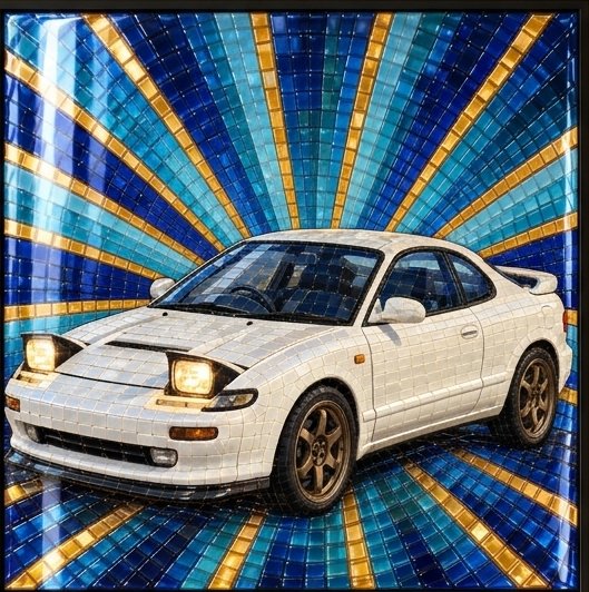 The finished piece: the white sports coupe in glossy mosaic tiles on a blue and gold tiled sunburst, in a thin black frame, hung on the garage wall above the bench