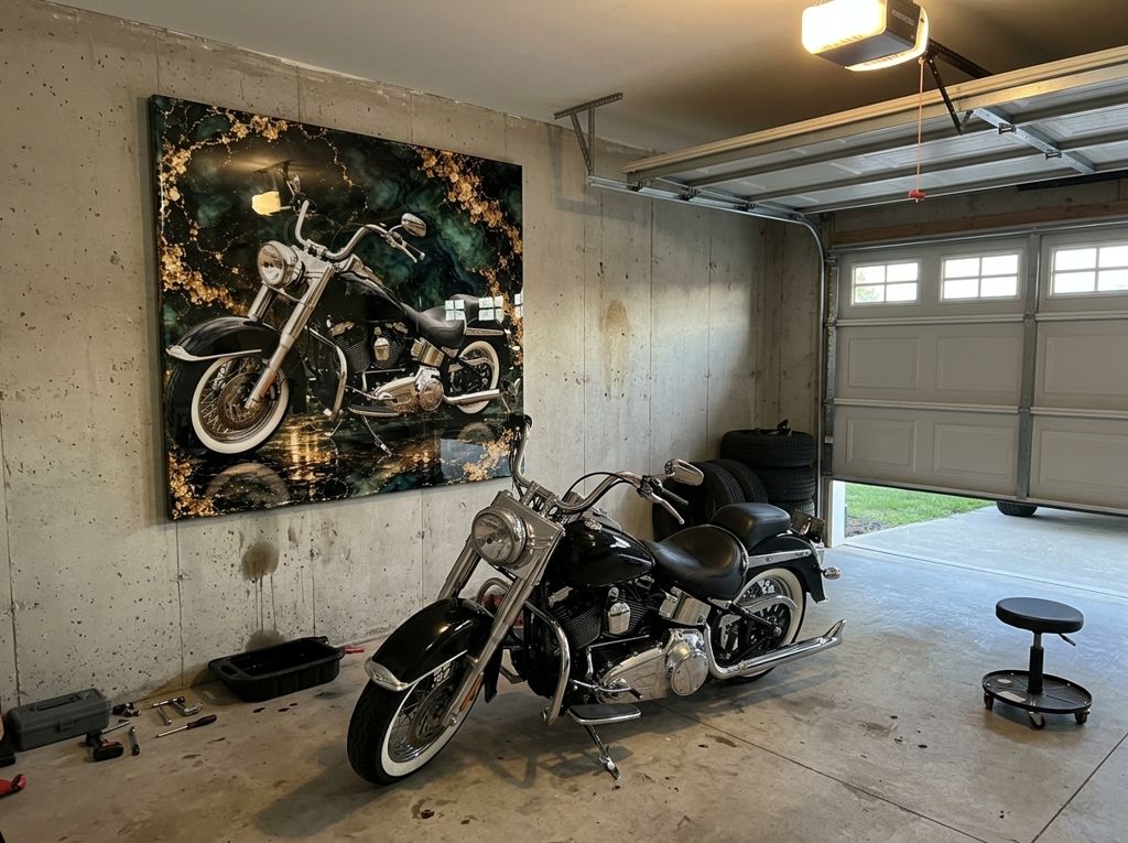 A glossy resin panel of a black and chrome cruiser motorcycle on a concrete garage wall, the real motorcycle parked below it and the garage door half open
