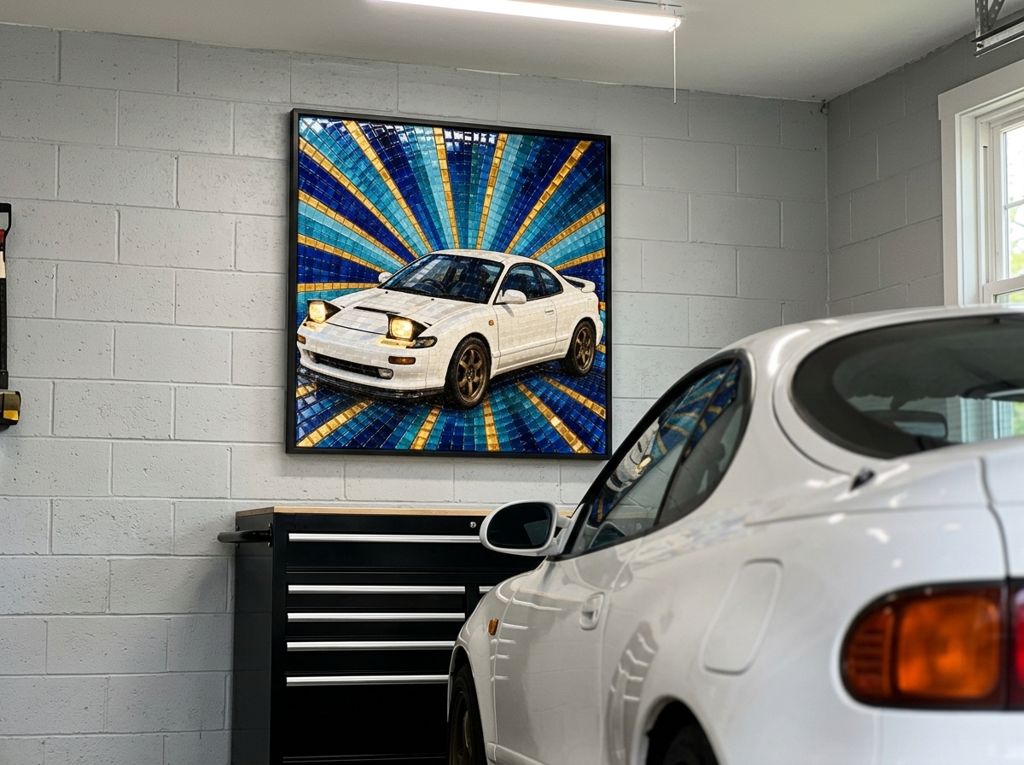 A white '90s sports coupe in glossy mosaic tiles on a blue and gold sunburst, in a thin black frame on a light grey cinder-block garage wall above a black tool chest, the real white coupe parked in the foreground