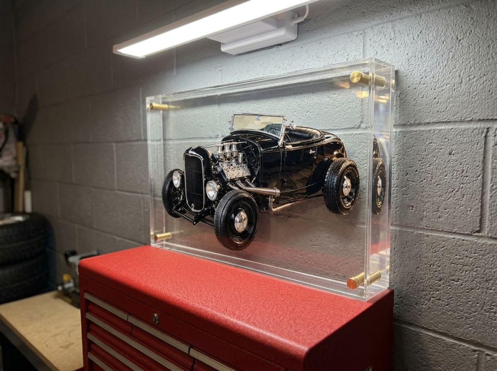 A black hot rod roadster in glossy cut glass inside a clear acrylic block, on a grey cinder-block garage wall above a red tool cabinet, seen from the side