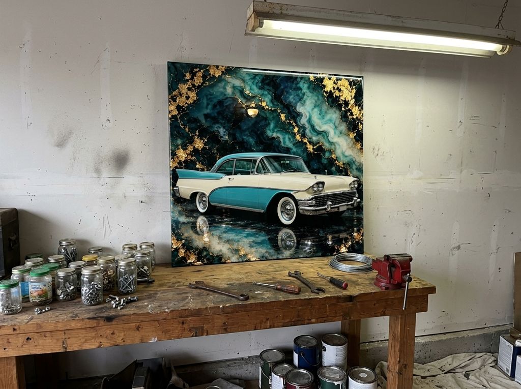 A '50s tail-fin cruiser in cream and turquoise on a glossy resin panel, hung on the drywall of a cluttered garage above a workbench with jars of screws and a vice, under a fluorescent tube