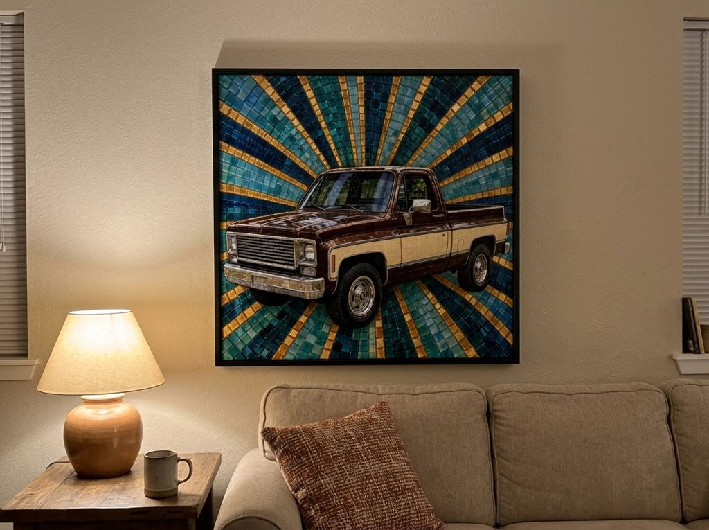 A brown and cream late-'70s square-body pickup in glossy mosaic tiles on a teal, blue and gold sunburst, in a thin black frame on a living-room wall above a beige sofa, a lamp and a mug on the side table