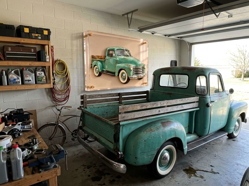 A faded green '50s pickup parked in a garage under its own piece: the same truck in glossy cut glass inside a clear acrylic frame on the wall